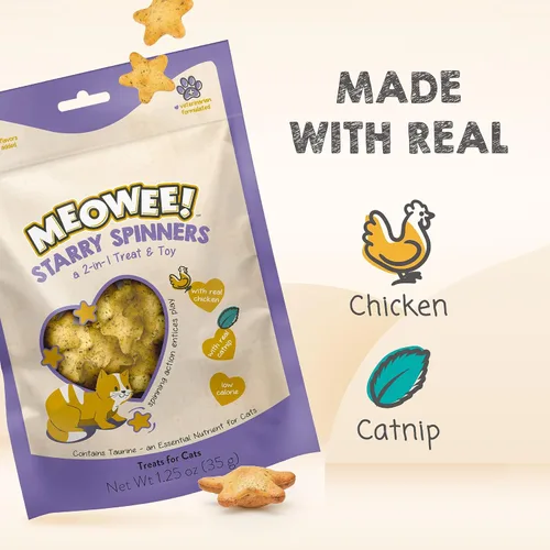 Vista 3 de MEOWEE! Starry Spinners - Golosina para gatos, 1.25 onzas, regalo 2 en 1 y juguete hecho con pollo real, hígado de pollo y hierba gatera, fomenta