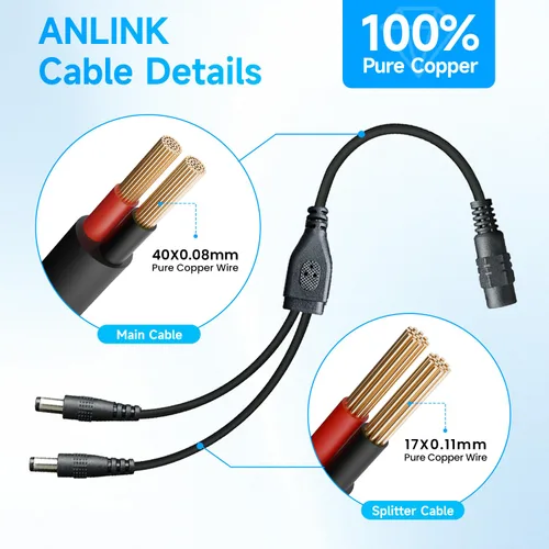 Vista 3 de 2 cables divisores de alimentación de CC de 1 a 2 vías, 1 conector hembra a 2 macho, enchufe de CC de 0.217 in x 0.083 in, adaptador de cable