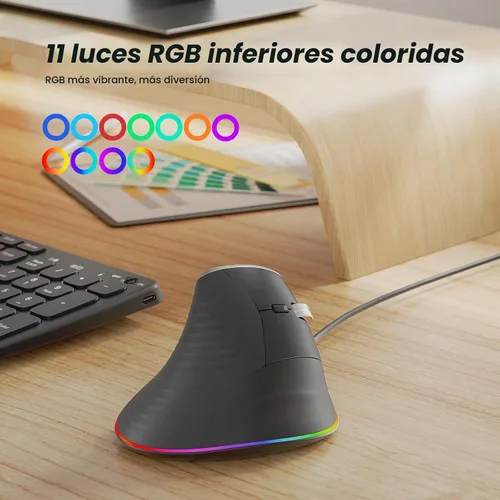 Vista 8 de Nulea M504 Ratón Vertical con Cable, Ratón Óptico Ergonómico USB con 4 DPI Ajustables, 11 Modos de Retroiluminación RGB, Compatible para Laptop, PC