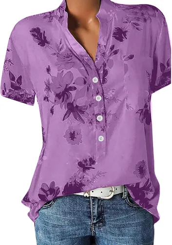 Vista 2 de MRGIINRI Womens Tops 2023 Button Down Summer Fashion Floral Blouse Dressy Casual Short Sleeve Loose Fit Shirts with Pockets