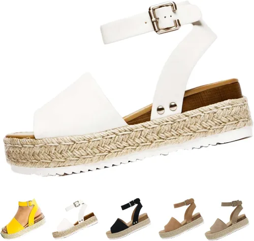 Vista 11 de DevilAngel Sandalias de cuña casuales de verano con hebilla y hebilla para el tobillo y plataforma plana para mujer Negro