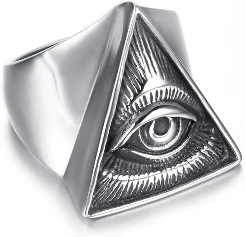 Vista 3 de Anillo de plata con ojos completos de triángulo de pirámide para hombre, anillo de bicicleta gótica de acero inoxidable, Acero inoxidable, plata