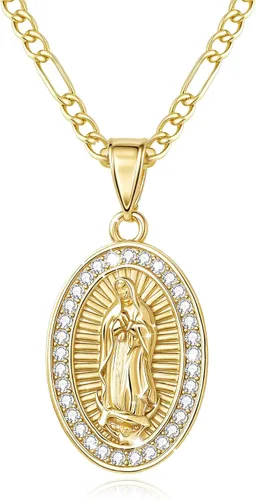 Vista 9 de Regalo católico, collar de Virgen María para mujer, chapado en oro de 14 quilates, collar con colgante de Guadalupe Madre María, circonita cúbica