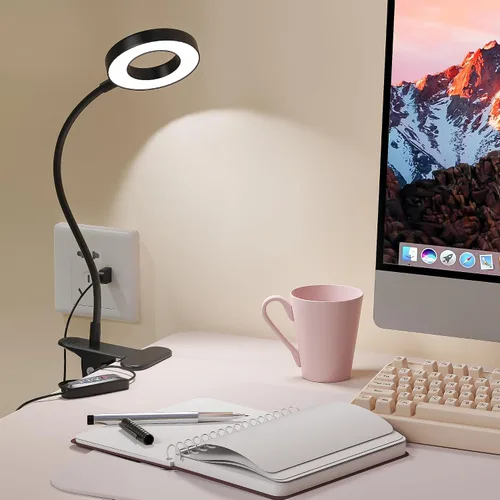 Vista 9 de Foneso Lámpara de escritorio con clip, luz de 48 LED, USB, con 3 modos de color, 10 niveles de brillo, protección ocular, cuello de ganso flexible