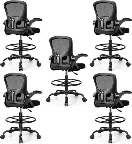 Vista 11 de Silla de dibujo alta de oficina para escritorio de pie, taburete ergonómico de trabajo para computadora con brazos abatibles, anillo de pie y Negro