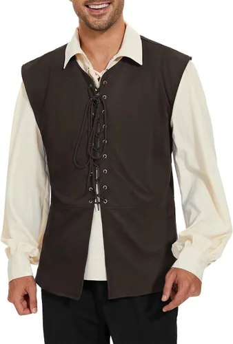 Vista 22 de Zando Chaleco pirata renacentista medieval vikingo para hombre, disfraz de Halloween o cosplay