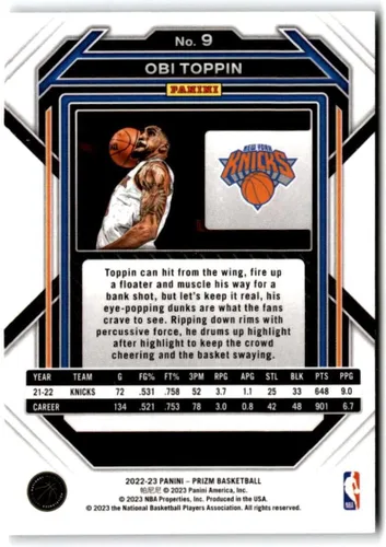 Vista 2 de 2022-23 Panini Prizm #9 Obi Toppin New York Knicks Basketball Trading Card