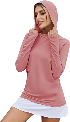 Vista 25 de LUYAA - Sudaderas con capucha para mujer, protección solar UPF 50+, transpirables, elásticas, para senderismo, manga larga, para correr Beige