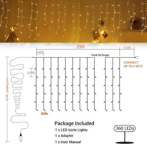 Vista 5 de Toodour Luces de Navidad de carámbano para exteriores, 29.5 pies, 360 luces LED de decoración de Navidad con 60 gotas, 8 modos, conectables, luces