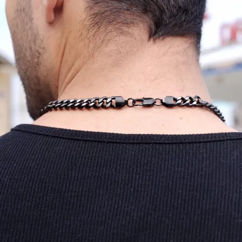 Vista 7 de Cadena italiana de eslabones cubanos de dos tonos para hombres y mujeres de 0.1560.39 pulgadas - Cadena de plata negra, azuldorada para hombre