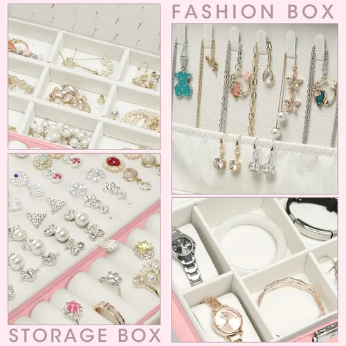 Vista 9 de Joyero organizador para mujeres y niñas, 2 capas de viaje con rollo de joyería plegable, juego de almacenamiento de joyas de cuero para anillos