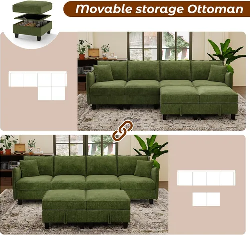 Vista 3 de Sofá modular modular en forma de U de 112 pulgadas con otomana de almacenamiento y funda de cojín lavable para sala de estar, dormitorio Verde