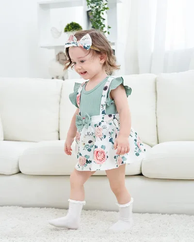 Vista 2 de HIGHUZZA Newborn Baby Girl Clothes Infant Dress Outfit Summer Romper Jumpsuit Headband Overall Skirt Clothing Set