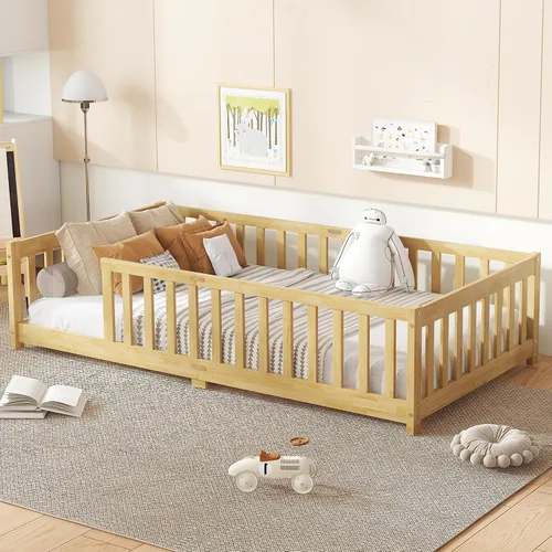 Vista 13 de Twin Size Floor Bed with Slats and Guardrails, Wood Floor Bed, Espresso