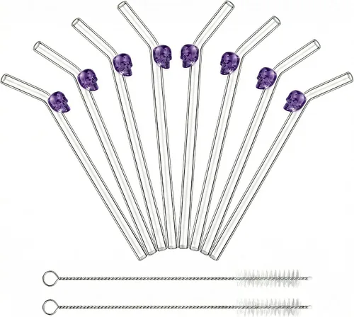 Vista 9 de Pajitas de cristal hechas a mano con dije de murciélago – Pajitas de borosilicato dobladas reutilizables de 9 pulgadas para vasos de 16 oz/20 onzas
