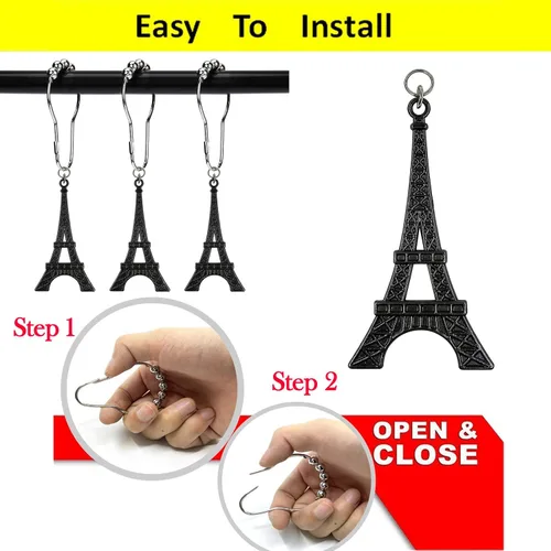 Vista 6 de Juego de 12 ganchos para cortina de ducha de la Torre Eiffel, París París, Francia, desgastado, francés, elegante, estilo cabaña, tema, para el Negro