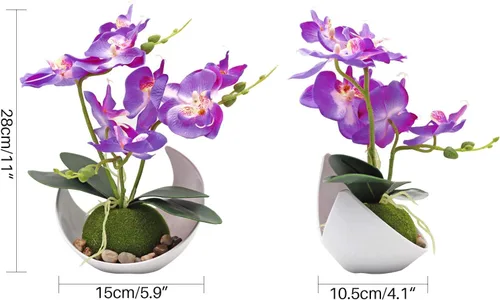 Vista 3 de MINYULUA Flor de orquídea artificial, arreglo floral de Phalaenopsis púrpura con jarrón, planta en maceta Bonsái para boda, fiesta, oficina, mesa