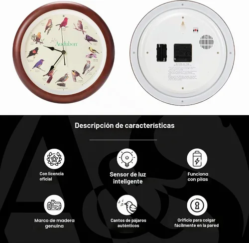 Vista 3 de Mark Feldstein, Audubon - Reloj de pared con diseño de pájaro cantante, 13 pulgadas, cereza prémium