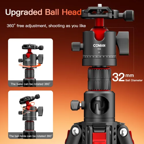 Vista 2 de COMAN Trípode superior de 72 pulgadas, trípode para cámara con columna central y cabeza de bola de 360 grados, monopie desmontable con placa QR
