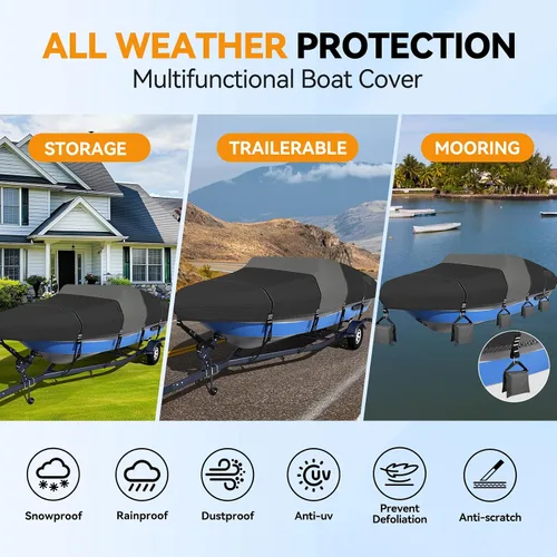 Vista 4 de Funda para barco 1600D + 1200D con bucles de 2 pulgadas de ancho para remolque y amarre, ultraduradera, impermeable, se adapta a Tri-Hull, V-Hull
