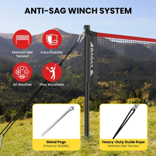 Vista 2 de BAGAIL Juego de red de bádminton para exteriores con sistema de cabrestante anti-hundimiento, tamaño oficial de 20 pies x 5 pies, 4 raquetas, 3
