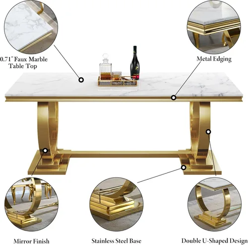 Vista 6 de Juego de mesa de comedor de mármol sintético, 7 piezas, juego de mesa de cocina y comedor para 6, mesa de comedor rectangular blanca de 70 pulgadas
