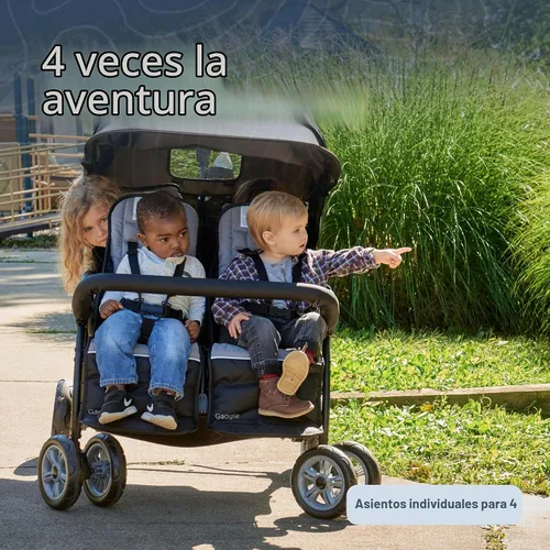 Vista 2 de Gaggle Compass Quad Cochecito plegable de 4 asientos, color negro Cochecito cuádruple con dosel, gran cesta de almacenamiento, arneses de 5 puntos