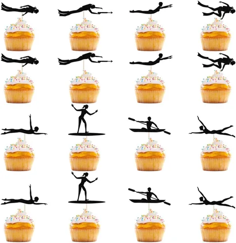 Vista 2 de Paquete de 16 adornos para cupcakes de verano en la playa, Hawaii, silueta de buzo, decoración para tartas, baby shower, Hawaii, piscina, temática