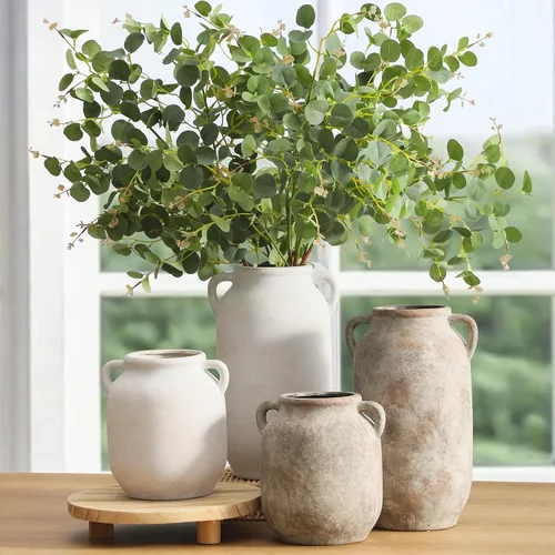 Vista 6 de Florero Grande para Decoración del Hogar - Jarrones de Mesa Rústicos de Granja de Cerámica de 12 Pulgadas de Alto con Asa, Decoración de Sala