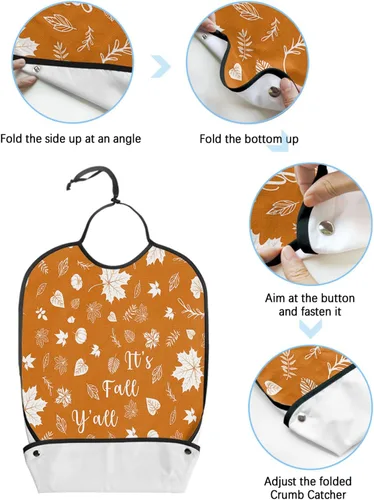 Vista 6 de Fall Leaves Adult Bib for Eating with Crumb Catcher,Washable & Waterproof Terry Cloth Adjustable Elderly Women Men Adult Bibs Funny Clothing
