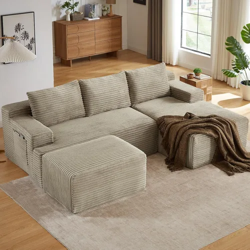 Vista 40 de Sofá modular Cloud de 95 pulgadas con otomana, moderno sofá nube en forma de U con asiento profundo, cómodo sofá de pana de 3 plazas, sofá de espuma