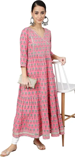 Vista 3 de Janasya Kurta acampanada con estampado de bloques de algodón rosa para mujer india