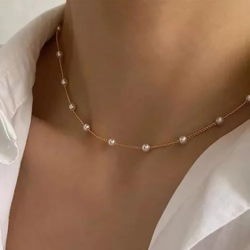 Vista 2 de Collares de perlas para mujer, gargantilla de perlas chapadas en oro de 14 quilates, collar de perlas de oro delicado, gargantilla de oro simple