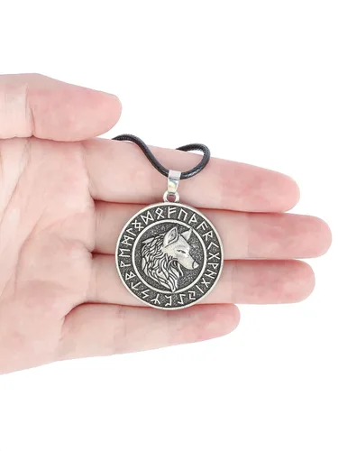 Vista 2 de HAQUIL Viking Wolf Necklace, Ancient Runes Medallion with Fenrir Wolf Head Pendant, Viking Jewelry Gift