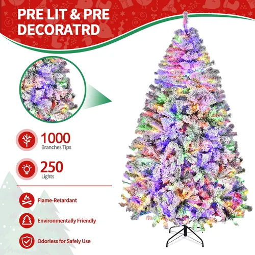 Vista 3 de Árbol de Navidad flocado de 6 pies preiluminado, árbol de Navidad artificial con control remoto, 250 luces LED de color blanco cálido y cambio