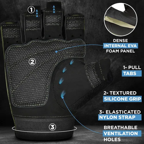 Vista 4 de Guantes de levantamiento de pesas RDX para gimnasio, fitness y entrenamiento, protección antideslizante de la palma, medio dedo, guantes