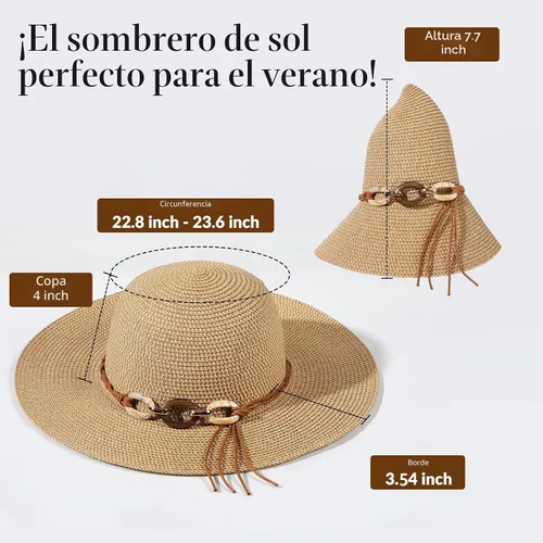 Vista 4 de Sombreros de playa para mujer – Sombrero de sol para mujer, sombrero de paja de ala ancha para mujer, sombrero de sol enrollable, plegable, cordón