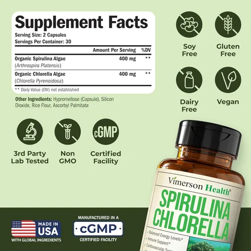Vista 3 de Cápsulas orgánicas de espirulina y clorella, cápsulas de espirulina con polvo de clorella para apoyo inmunológico, antioxidante y energético.