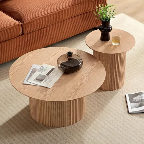 Vista 26 de Mesa auxiliar moderna de madera rústica de 2 niveles, mesas de noche compactas para sala de estar, mesita de noche rectangular minimalista