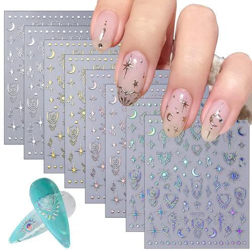 Vista 10 de CHANGAR Starlight - 6 hojas de calcomanías de uñas con lazo de estrella blanca y negra, suministros para mujeres y niñas, accesorios de manicura