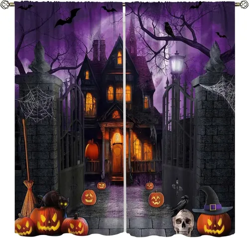 Vista 7 de Cortinas de Halloween naranja y negro de telaraña para sala de estar y dormitorio, decoración de panel de cortina de puerta para decoración
