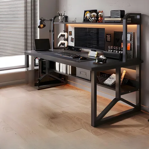 Vista 9 de LITFAD Escritorio rectangular de madera para oficina, moderno escritorio para computadora con marco de metal y estantería para oficina en casa, 1