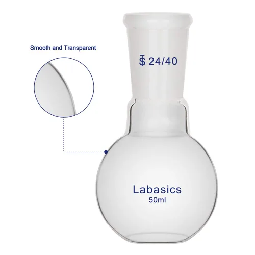 Vista 2 de Labasics Frasco de ebullición de fondo plano de un solo cuello de 1.7 fl oz, con junta externa cónica estándar 24/40, 1.7 fl oz