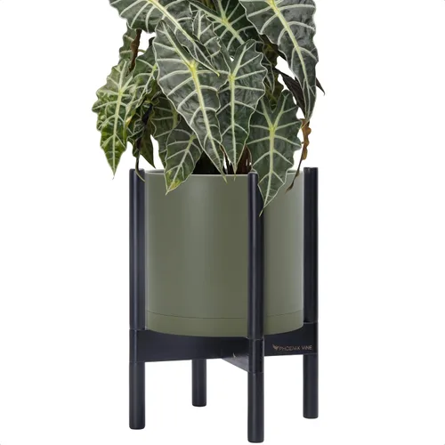 Vista 35 de Maceta de D'vine Dev con soporte - Maceta de flores de cilindro de plástico de 8.0 pulgadas con soporte de madera para interiores, maceta mate negra