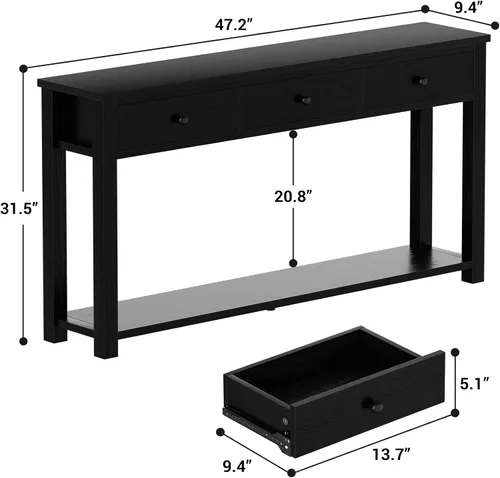 Vista 3 de Homieasy Mesa consola de granja con 3 cajones, mesa de sofá de madera de 47 pulgadas con estante de almacenamiento para sala de estar, detrás