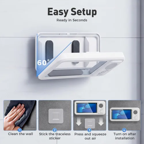 Vista 7 de Soporte para teléfono de ducha con altavoz Bluetooth inalámbrico, soporte impermeable para teléfono con altavoz, funda de teléfono de ducha