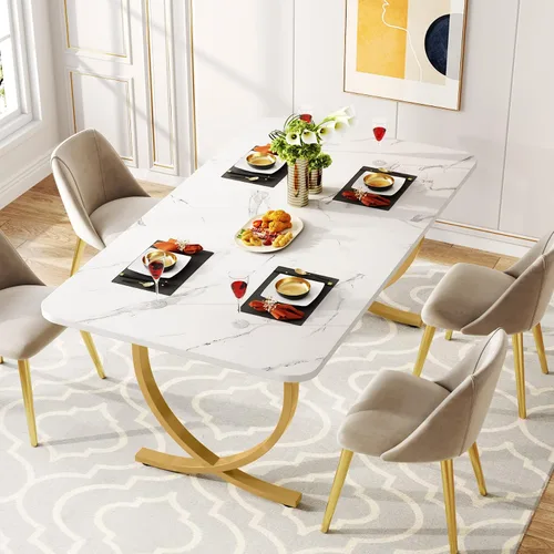 Vista 4 de LITTLE TREE Mesa de comedor, mesa de cocina con tablero de mármol sintético y patas de metal dorado Blanco & Oro