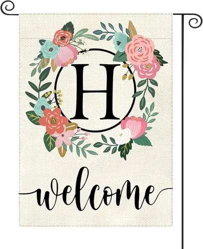 Vista 14 de Bandera de jardín con letra monograma, floral, 12 x 18 pulgadas, doble cara para exterior, pequeña de arpillera, familia, apellido, bandera inicial