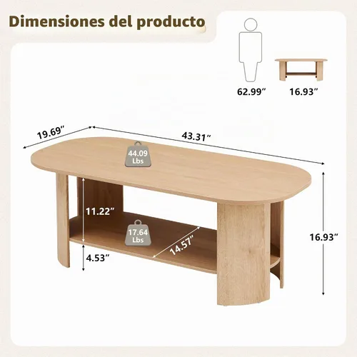 Vista 2 de Mesa auxiliar ovalada para sala de estar, mesas de centro de granja de 43.3 pulgadas con almacenamiento, mesa central de madera de 2 niveles