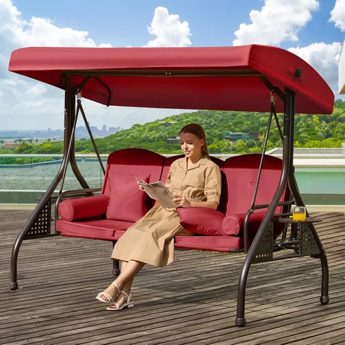 Vista 25 de Columpio de porche para exteriores 3 en 1 con toldo ajustable, columpio de 3 asientos para adultos, columpio de patio con cojines gruesos, almohadas